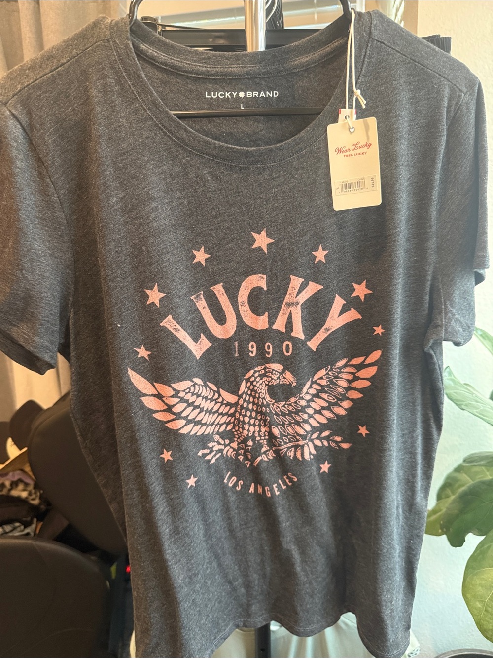 Lucky Brand Charcoal Tee with Pink Eagle Logo